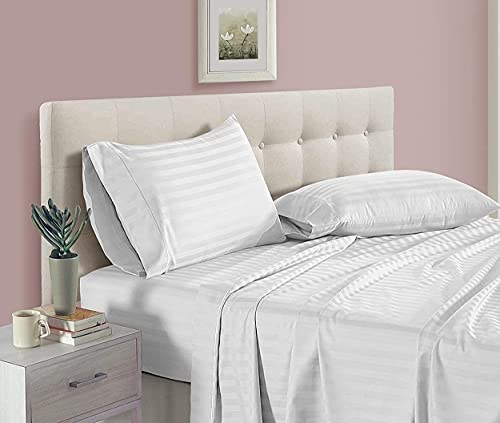 Image of BD Weaves King Size Bedsheet Set Pack of 2 | 210 TC Cotton Blend 70% Cotton 30% Polyester | Soft Sateen Striped White Bed Sheets | Wrinkle Resistant Durable Bedding 108 x 108 Inch