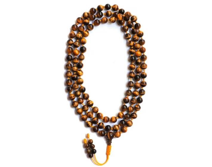 Perles Mala naturelles œil de tigre 108 perles de méditation et bracelet de yoga 34"