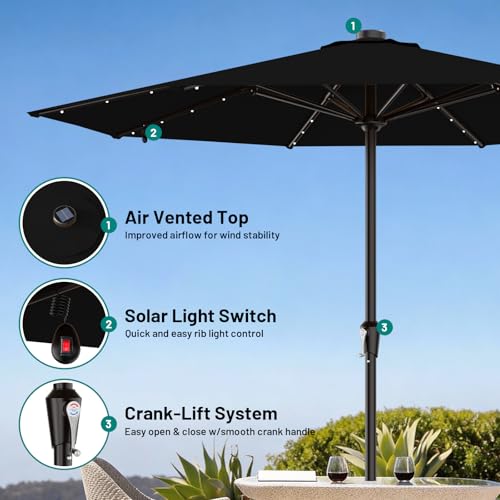 Image of AreShark 11FT Large Patio Umbrella with Solar Lights, Lighted Solar Umbrella with Crank, Outdoor Table Market Umbrellas for Garden, Deck, Backyard, Pool and Beach, Black