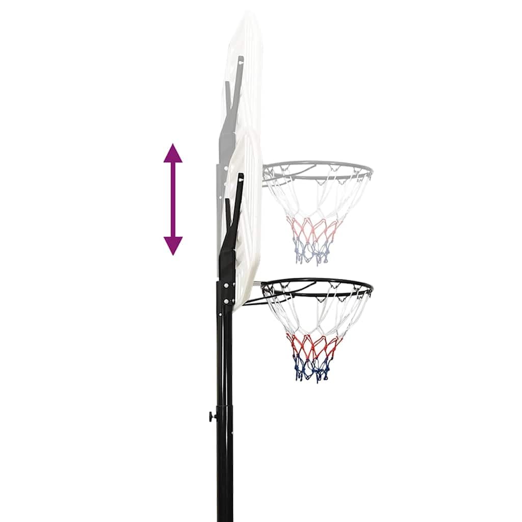 Supporto da basket regolabile in polietilene, bianco, regolabile in altezza da 258 a 363 cm, con cestino in acciaio e rete di nylon, ruote e base triangolare stabile