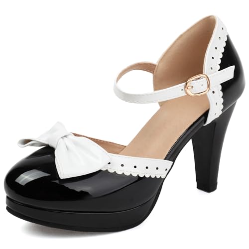 Image of ForeMode Fashion Women T-Strap High Heels Bow Platform Round Toe Pumps Leather Summer Sweet Shoes