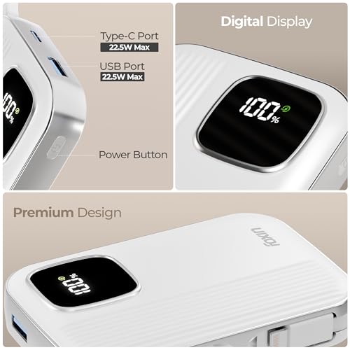 Image of Foxin ChargeX 10 Pocket Power Bank 10000mAh 22.5W Super Fast Charging | Type C & 8 Pin Dual Output Ports| Type C & USB Input & Output |Supports Android, Apple, Tablets | Built-in-Cable | White