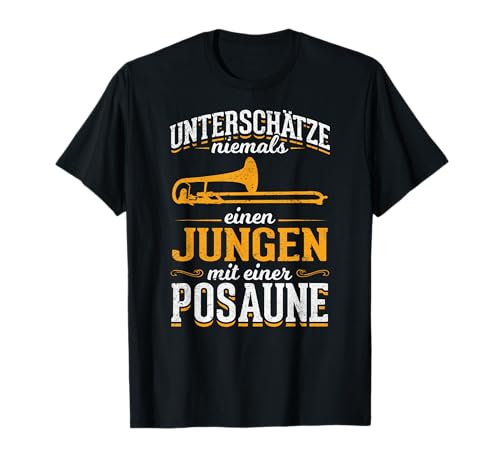 Unterschätze nie einen Jungen mit einer Posaune Kinder T-Shirt