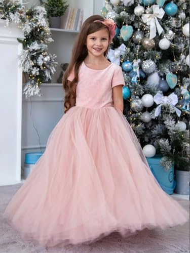 Velvet Tulle Flower Girl Dress for Wedding Short Sleeve Bow Knot Crew Neck Ball Gowns Long Puffy Princess Dresses3