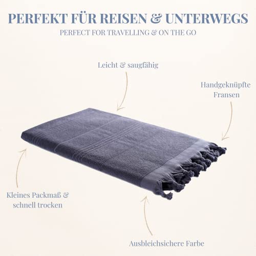 Carenesse 2 in 1 Hamamtuch 90 x 190 cm anthrazit I Zweiseitiges Hamam Handtuch 100% Baumwolle: Glatt & Frottier I Pestemal/Fouta saugfähig & hygienisch I Hamam Strandtuch/Saunahandtuch kompakt