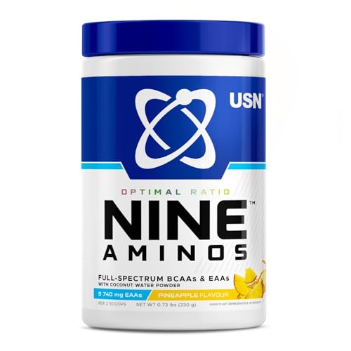 USN Nine Aminos – BCAA Amino Acids & EAA Essential Amino Acids Powder with Added Magnesium & Coconut Water Powder to Support Recovery and Hydration. Pineapple Flavour (330g – 30 Servings)