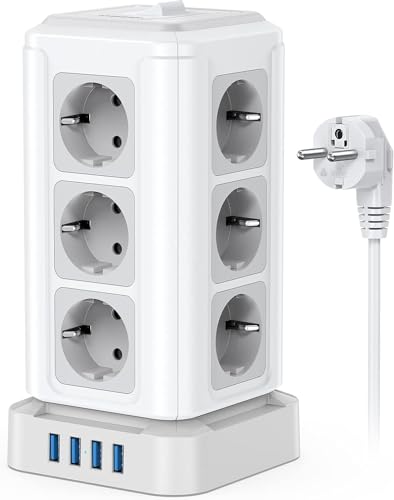 NVEESHOX Regletas Enchufes, Regleta Vertical(4000W/16A), Torre Enchufes Vertical con 12 Enchufes y 4 USB, Regleta Enchufes Proteccion Sobretension con Cable de extensión 2m para Oficia, Casa