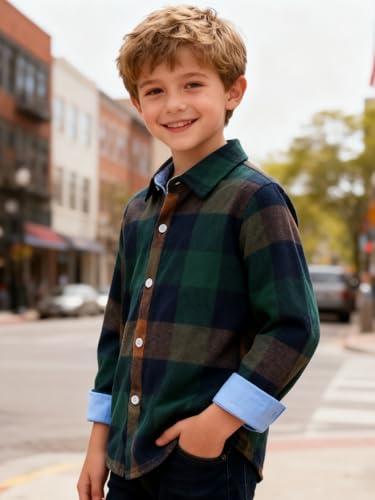 Image of Size 5-10 Years Boys' Long Sleeve Buffalo Plaid Button-Down Shirt Fall Thin Outfits Kids Clothes