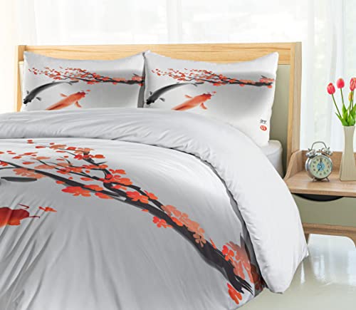 Ambesonne Japanese Duvet Cover Set, Koi Carp Fish Couple Swimming Cherry Blossom Sakura Branch Culture Design, Decorative 3 Piece Bedding Set With 2 Pillow Shams, Queen Size, Orange Grey #TOP3