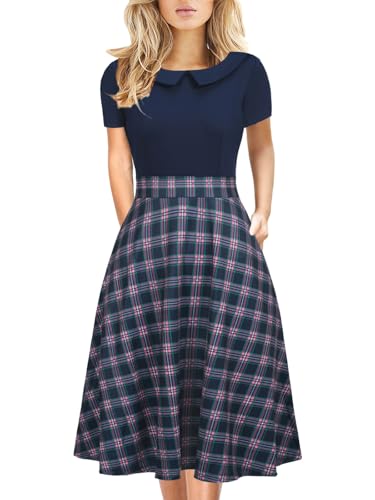 Image of Women's Elegant Vintage Dresses Knee Length Casual Floral Print Work Party Peter Pan Collar A-Line Dress with Pockets 978