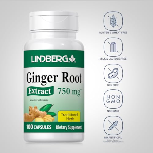 Lindberg Ginger Root Capsules | 750 mg | 100 Count | Non-GMO, Gluten Free Supplement
