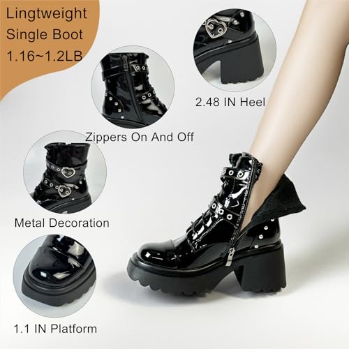 Image of FOREADA Goth Boots Chunky Heel Boot For Women Ankle Combat Booties Black Platform Bootie Buckle Rivets Punk Goth Shoes With Zipper
