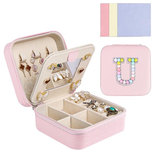 Ghope Joyero de viaje con espejo, pequeño estuche de viaje con joyero inicial portátil, joyero caja para joyas para mujer niña regalo