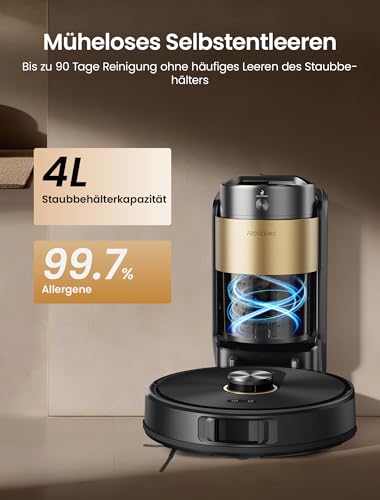 Proscenic Q20Plus Saugroboter mit Wischfunktion, 10000Pa 200min Staubsauger Roboter mit Beutellose Entleerungsstation, 3-in-1 Saug und Wischroboter für Tierhaare, Teppiche, Hartböden, Schwarz