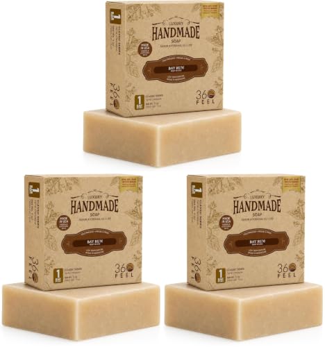 Image of 360Feel Bay Rum Bar Soap - Made in the USA - Castile Handmade, All-Natural, Cold-Processed - Bay Rum Essential Oil - Moisturizing with a Spicy Scent - Calm - Rich, Creamy Lather - (5oz) (Pack of 3)
