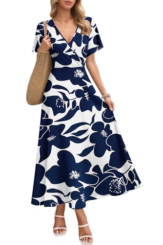 Image of AUSELILY Maxi Dress for Women Summer Dresses White Navy Flowers 3XL