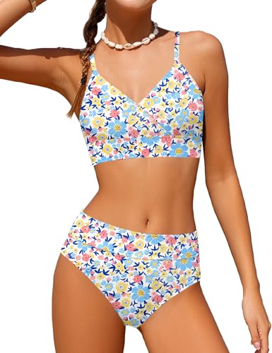 Image of Girls Swimsuit V Neck Bikini Set Color Block with Cover Up 3Pcs Bathing Suits