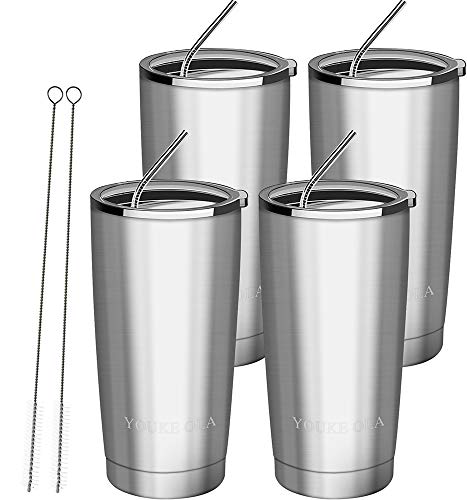 Stainless Steel Tumbler 20oz - Vacuum Insulated Tumbler Coffee Cup Double Wall Large Travel Mug with Lid Straw Brush Gift Box Set Silver 20oz-4 Pack
