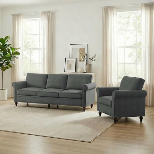 Image of ijuicy 2Pcs Sectional Sofa Set with 5 inch Thicken Cushion-Dark Gray | Modern linen upholstered living room furniture set with nailhead trim includes a 3 seat sofa and an armchair