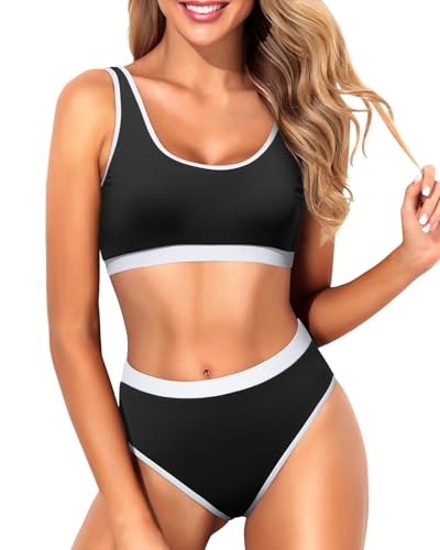 Image of Sporty Bikini Set Two Piece High Waisted Swimsuit Athletic Bathing Suit | Sporty,High Waisted Bottom,U-back,Removable Cups,Athletic,Quick Dry