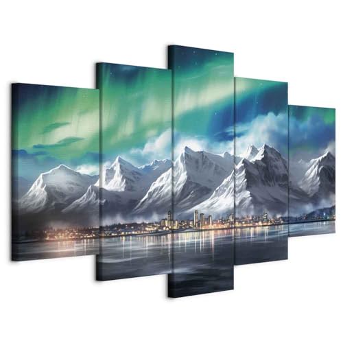 murando - Acoustic Canvas Wall Art Harbour City 225x112 cm 5 pieces - Picture With Acoustic Foam Sound Absorption Print Image Artwork Room Acoustic Soundproofing Northern Light Mountain d-H-10006-b-c