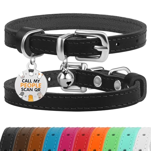 BRONZEDOG Leather Cat Collar with Removable Bells Non Breakaway Kitten QR Tag for Girl Boy (7" - 9" for Cats, Black & Silver)