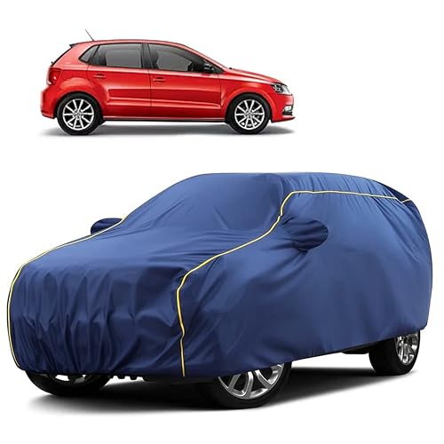 Image of Sulfar 100% Water Resistant Car Body Cover Compatible with Mirror for Volkswagen Polo GT (Triple Stitched, Full Bottom Elastic, Blue Taffeta with Yellow Piping)
