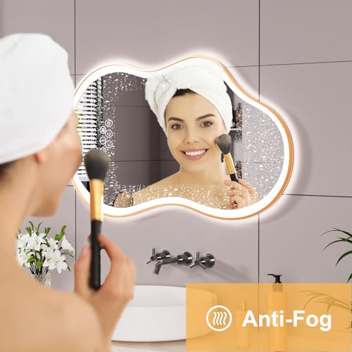 Image of WTTY LED Irregular Bathroom Mirror 26x46 Inch with Front & Back Lights - Asymmetrical Design, Anti-Fog, Dimmable 3 Color Temperatures, Shatterproof Glass, Horizontal or Vertical Mount (Gold Frame)