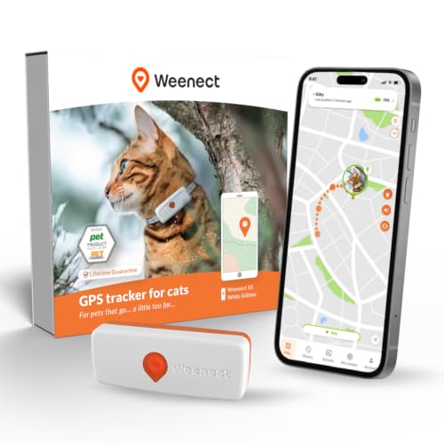 Weenect Cat XS - NEW GPS Tracker for Cats | Real-time Mini GPS Tracker for Cats | Smallest model on the market | Operates with a subscription | Collar included ((White))