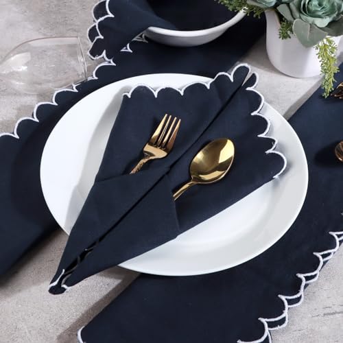 Image of FINGERCRAFT Scallop Edge Cloth Napkins | Set of 6 | 20x20 Inches | 100% Cotton | Table Napkins for Any Occasion | Washable, Perfect for Parties and Everyday Use (Navy Flax, Set of 6)