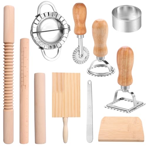 11Pcs Pasta Making Tools Kit Efficient Pasta Making Set with Threaded Rolling Pin Gnocchi Board Dough Cutter Dumpling Maker Multi Ravioli Maker Set for