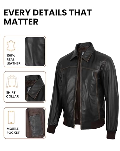 Image of Decrum Men's Bomber Leather Jacket - Vintage Style Real Lambskin Leather Jacket with Rib-Knit Cuffs and Hem