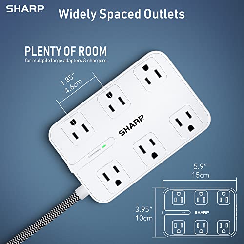 Protector eléctrico SHARP con 6 tomas, 4 puertos USB y enchufe plano miniatura 4