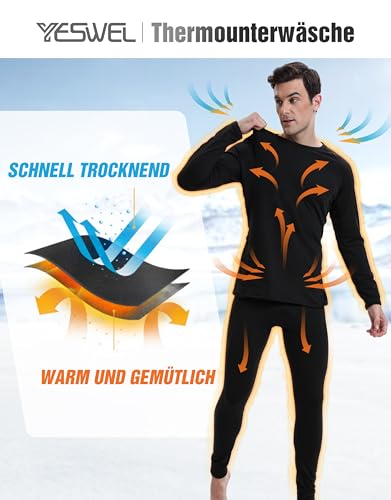 YESWEL Herren Thermounterwäsche M, Funktionsunterwäsche mit Innenfleece, Skiunterwäsche für winterliche Outdoor-Aktivitäten Schwarz