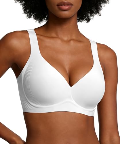 VRCOMFY Wireless Jelly Bras for Women,Supportive Seamless T-Shirt Bras,Push Up Comfortable No Underwire Bra with Everyday Bras White