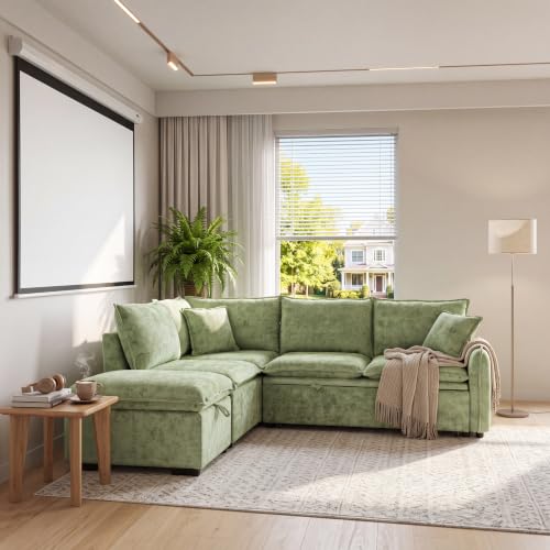Image of ERYE 82.5 inch L-Shaped Left Facing Corner Sleeper Sectional Sofa with Pull Out Sleeper Couch Bed for Living Room,L-Shaped Boucle Upholstered Convertible Sofabed W /Storage Ottoman