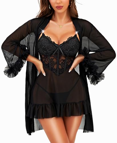 RSLOVE Sexy Dessous Sets für Damen - Spitzen Nachtwäsche Babydoll mit Morgenmantel 2-Teilig Negligee Nachthemd Schwarz M
