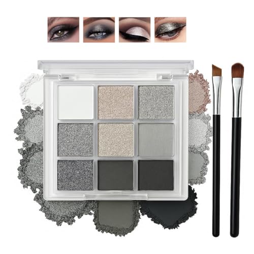 Smokey Eyeshadow Palette – 9 Shades of Black, Grey & Silver in Matte & Glitter Finishes, High Pigment, Waterproof, Long-Lasting & Blendable, Travel-Friendly Makeup for Women