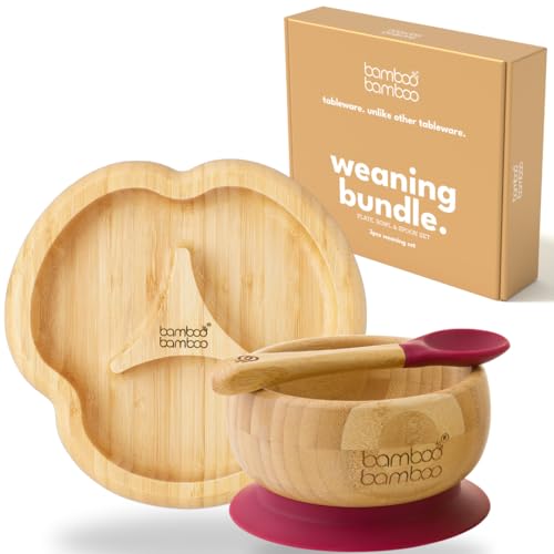 bamboo bamboo Set De Sevrage Assiette Bébé & Bol Bébé, Assiette Et Bol À Ventouse Pour Repas Et Sevrage, Assiette Compartimentée Bambou, Bol Enfant & Cuillère Bébé, Dès 6 Mois (Cerise)