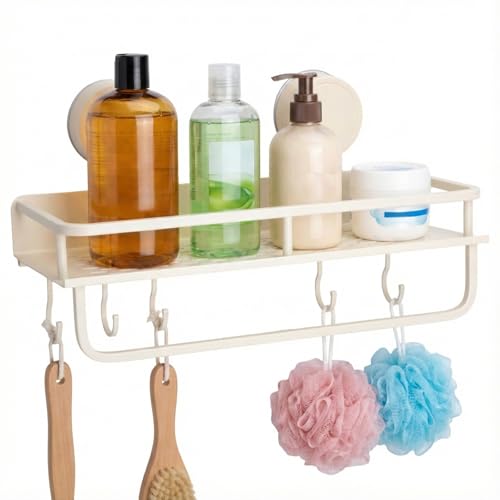 GZRXIOU Estantería Ducha Sin Taladro Ventosa Fuerte, Estante Baño Ventosas de Aluminio Blanco Desmontable con Ganchos, Gran Capacidad Impermeable Antióxido, Organizador Baño Champú, Gel y Accesorios