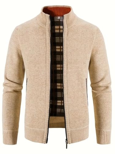 Mens Sweater Cardigan Full Zip Knitted Long Sleeve Sweaters Men Workout Outfits (US, Alpha, Small, Regular, Regular, Beige)