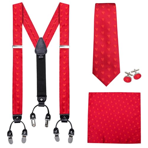 Image of Barry.Wang Men Suspender Set with Necktie Elastic Y Type Heavy Duty 6 Clips Braces Tie Handkerchief Cufflink Pin 6PCS