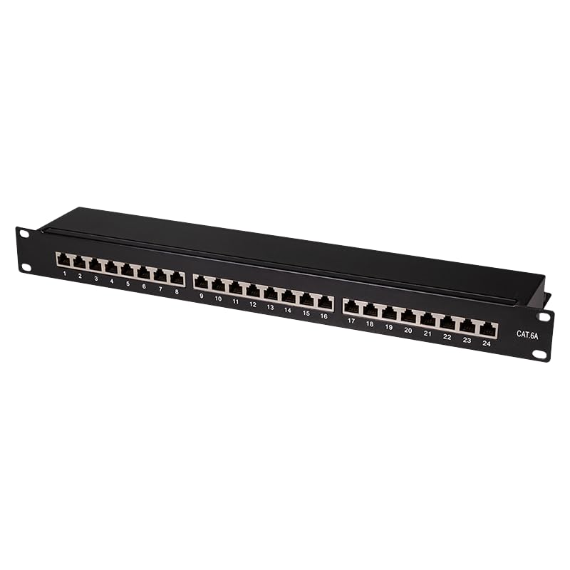 CAT 6A Patchpanel Verteilerfeld 24 Port - Desktop 19" Zoll Rackeinbau Servermontage RJ45 Geschirmt - TIA568A TIA568B - schwarz