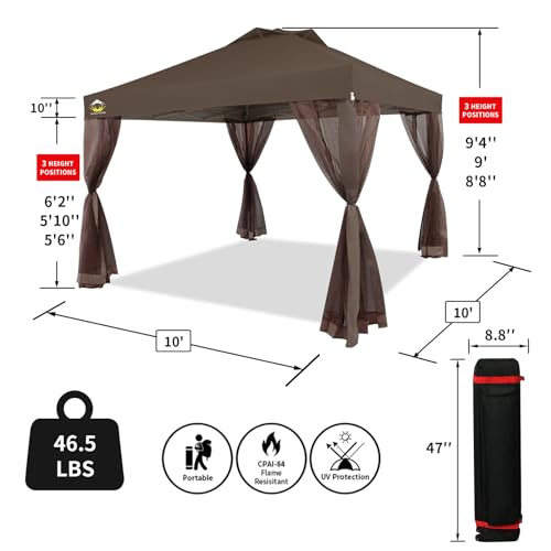 image for CROWN SHADES 10x10 Pop up Canopy Tent, Pop Up Gazebo with Netting, 4 R