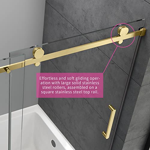 Ckb Tampa Single Sliding Frameless Bathtub Shower Doors, 55-59 Inch Width Adjustable X 60 Inch Height, 5/16 Inch Tempered Glass With Hardware Kit, Brushed Gold. #TOP1