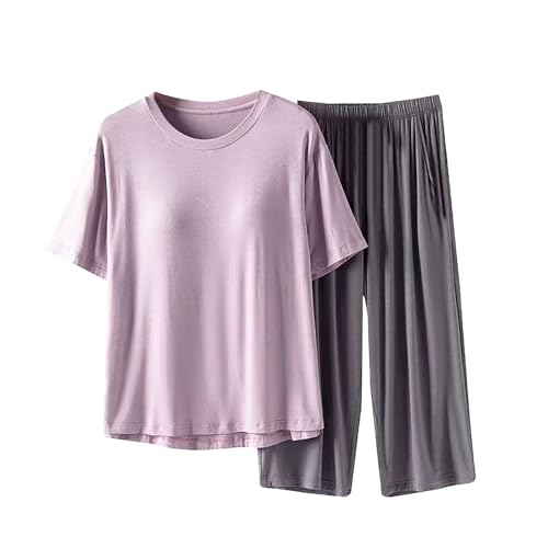 Conjunto de ropa de dormir de apoyo para mujer, camiseta de manga corta con cuello redondo y pantalones capri con almohadillas integradas en el pecho, pijama suelto transpirable para primavera y