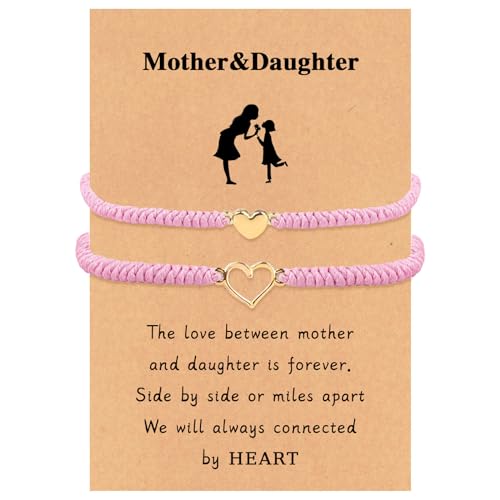VDKIDKT Mother and Daughter Matching Heart Bracelets Pink String Bracelets Mommy and Me Bracelets Heart Wish Set Back to School Gifts for Daughter First Day of School Bracelets for Daughter (Pink)