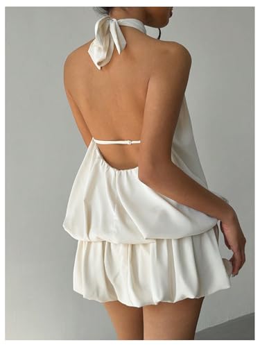 SweatyRocks Women's Y2k Backless Ruffle Bubble Going Out Self Tie Halter Mini Dress2