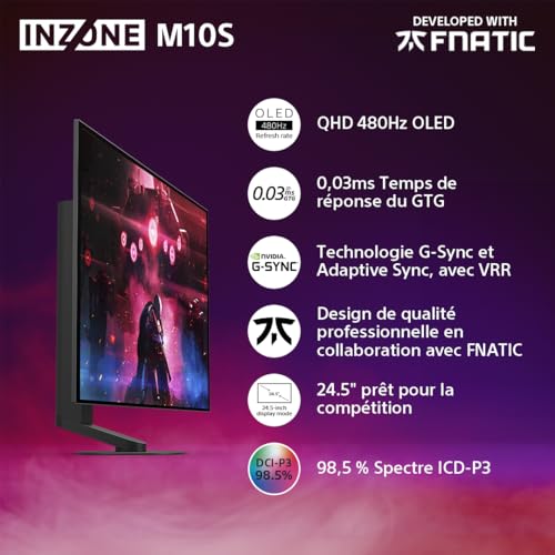 Sony INZONE M10S Moniteur de Jeu OLED QHD 27" : 1440p, 480Hz, 0.03ms GTG, DCI-P3 98,5%, G-Sync, Adaptive Sync, VRR, modèle co-développé avec Fnatic, 1300 nits, DisplayPort 2.1-2 x HDMI 2.1 - PC, PS5