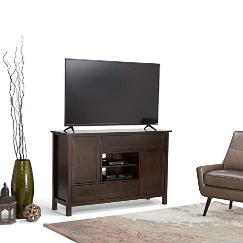 Simplihome Sidney Solid Wood Universal Tv Media Stand, 66" Wide, Contemporary, Living Room Entertainment Center, Storage Shelves And Cabinets, For Flat Screen Tvs Up To 60 Inch In Dark Chestnut Brown #TOP1